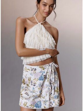 Anthropologie Maeve Floral Wrap Mini Skirt in Cream